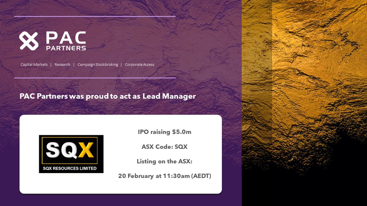 PAC Partners (@pac_partners) on Twitter photo SQX Resources $SQX, ASX-listing today at 11:30am (AEDT).
<a href="/PAC_Partners/">PAC Partners</a> acted as Lead Manager to <a href="/SQXResources/">SQX Resources</a>’ #IPO raising $5m. Net proceeds will be applied to #drilling & #exploration of its Scrub Paddock and Ollensburgs Prospects.
#ipo #copper #gold #SEQ #Queensland SQX Resources $SQX, ASX-listing today at 11:30am (AEDT).
<a href="/PAC_Partners/">PAC Partners</a> acted as Lead Manager to <a href="/SQXResources/">SQX Resources</a>’ #IPO raising $5m. Net proceeds will be applied to #drilling & #exploration of its Scrub Paddock and Ollensburgs Prospects.
#ipo #copper #gold #SEQ #Queensland