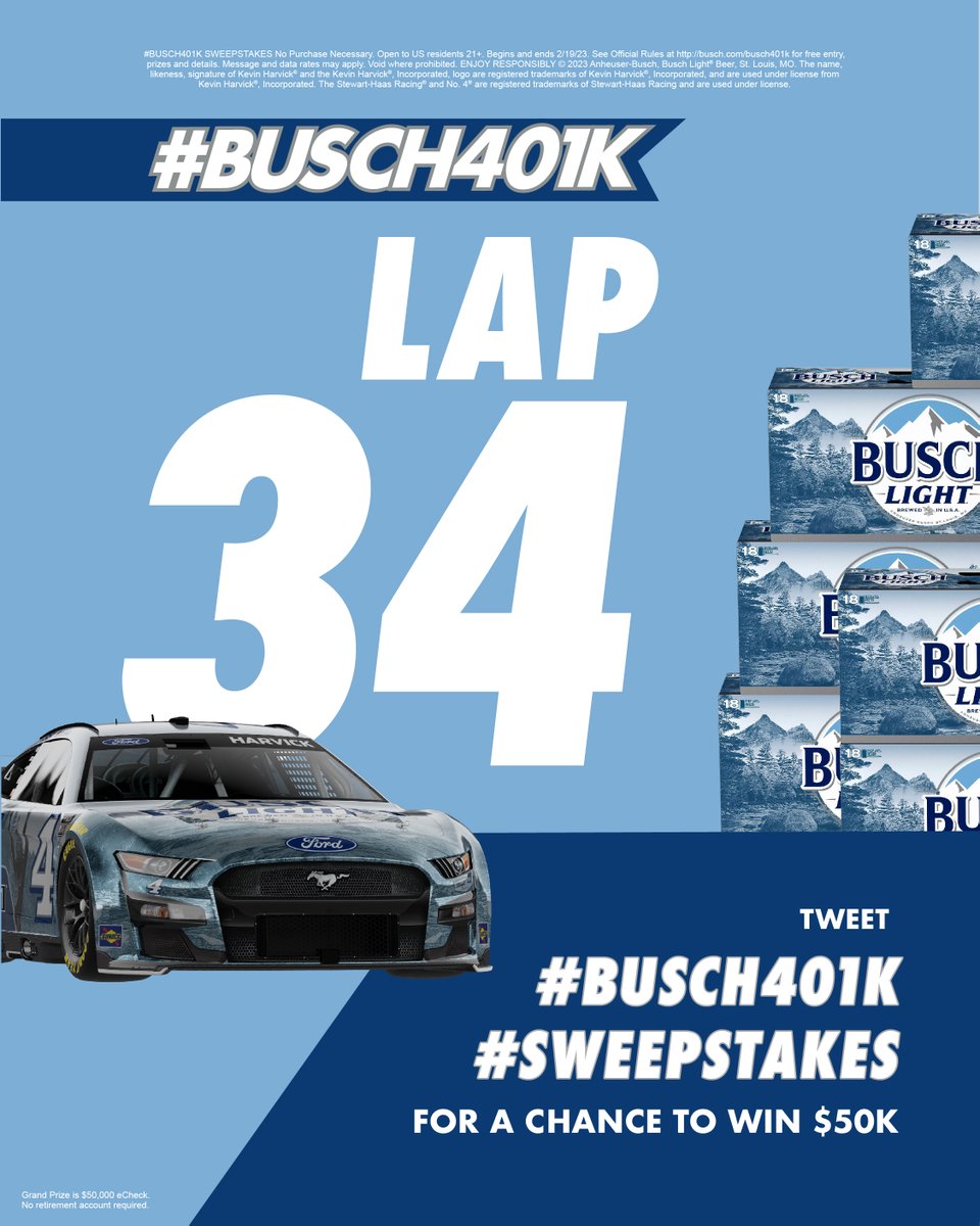 Lap 34! You can’t win if you’re not in the race! Tweet #Busch401K #Sweepstakes NOW for a shot at some free beer money or the $50K grand prize. #Daytona500