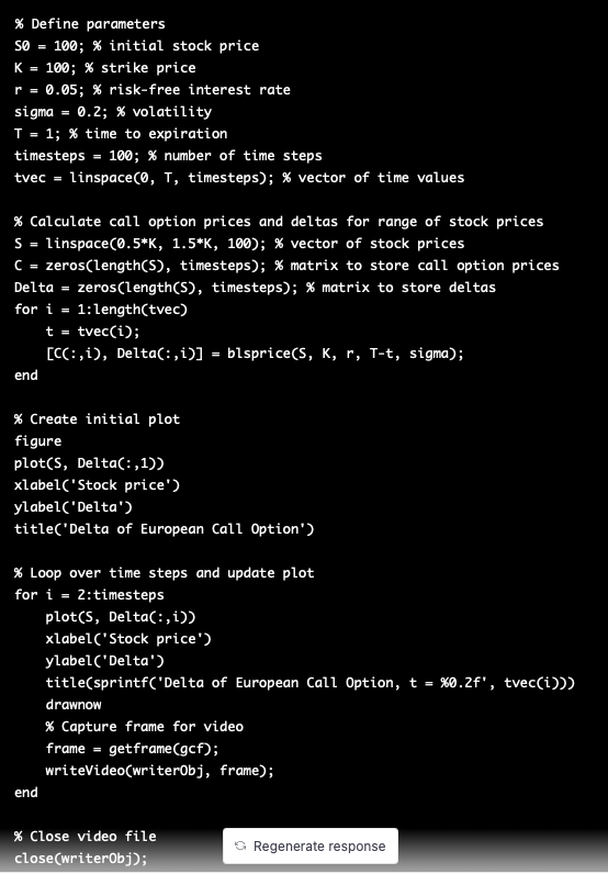 1/3 Asked chatGPT to make a video of the Black Scholes delta of a Euro call as time to expiry falls. Good code with two easy to fix issues: 1. Used put price and not BS call delta 2. Had to add code snippet to save the video frames. #Finance #AI #chatGPT #econTwitter #coding
