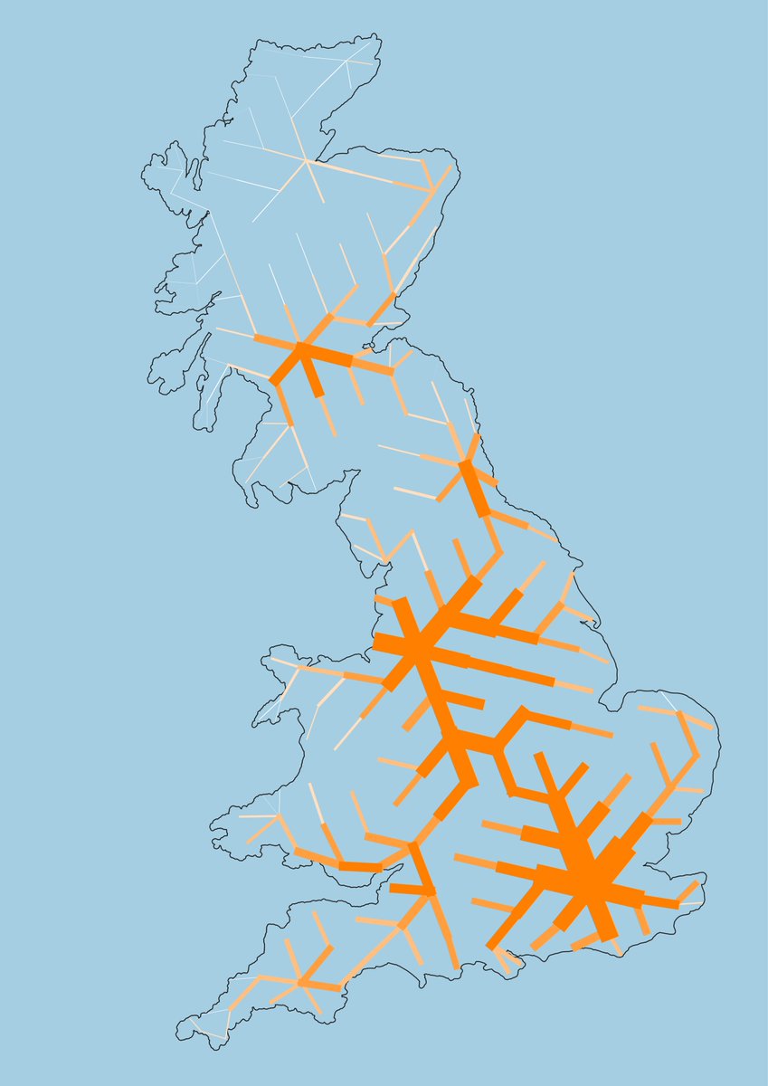 WillDeakin1's tweet image. For those interested in such things, here is a theoretical rail-network based on applying a minimum spanning tree to a series of scaled hexagon population    distributions geographies

#RailNetwork #DataVisualisation #Census2021
