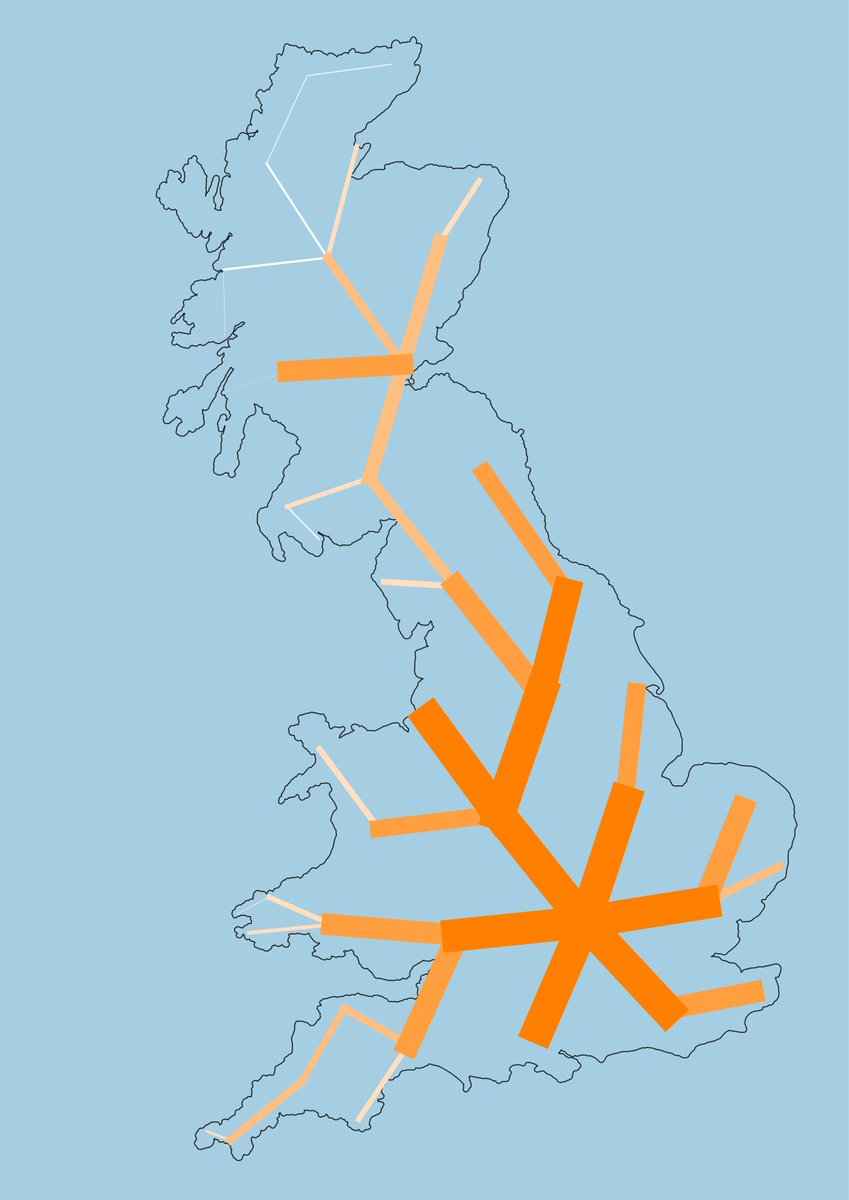 WillDeakin1's tweet image. For those interested in such things, here is a theoretical rail-network based on applying a minimum spanning tree to a series of scaled hexagon population    distributions geographies

#RailNetwork #DataVisualisation #Census2021