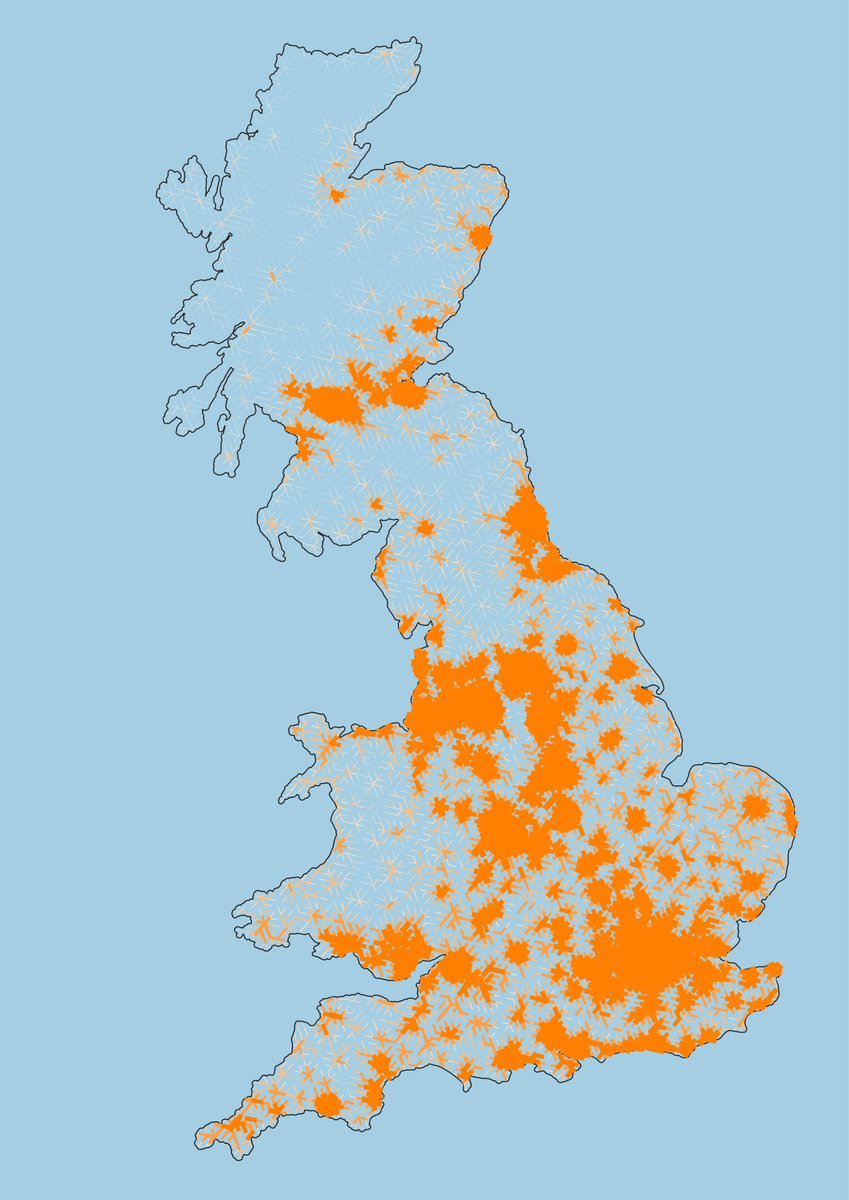 WillDeakin1's tweet image. For those interested in such things, here is a theoretical rail-network based on applying a minimum spanning tree to a series of scaled hexagon population    distributions geographies

#RailNetwork #DataVisualisation #Census2021