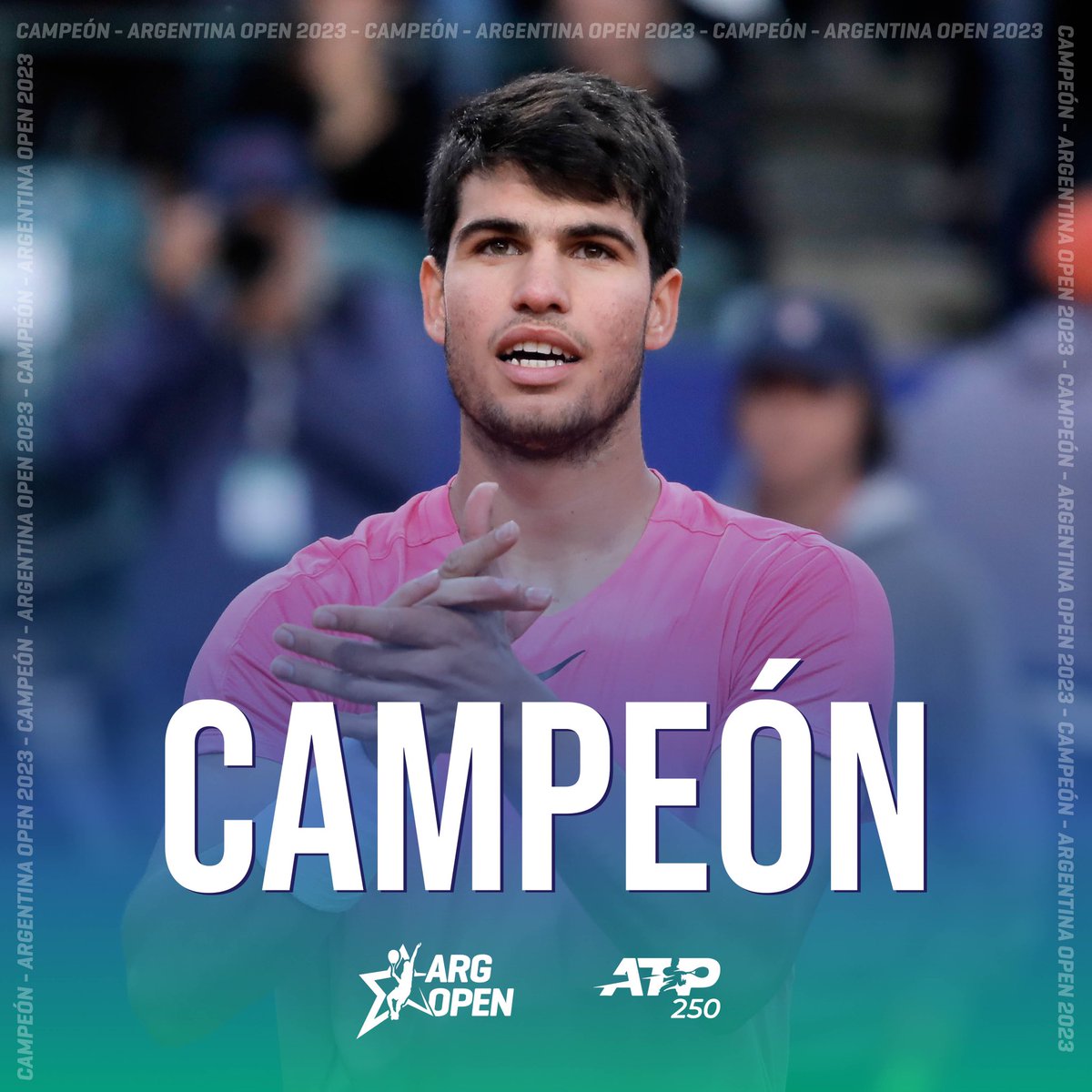iebmasargopen's tweet photo. ¡CAMPEÓN! 🏆

Carlos Alcaraz 🇪🇸 venció 6-3 7-5 a Cameron Norrie 🇬🇧 y es el nuevo campeón del Argentina Open. https://t.co/S3RR11SP3c