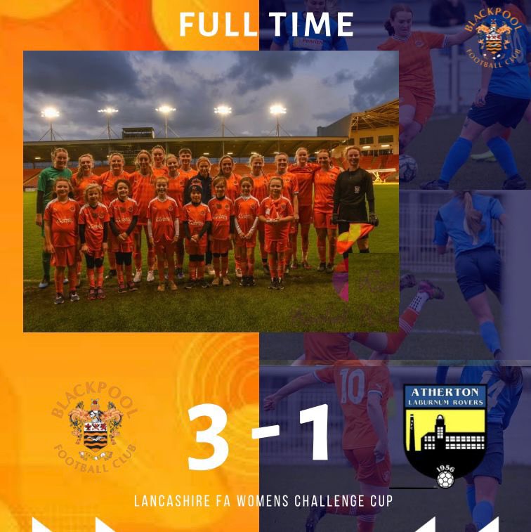 FULL TIME | The ladies stuck together and showed great resilience today to win 3-1 against a good Atherton side, which means we’re through to the Lancashire FA Womens Challenge Cup final! 

Goalscorers: Alice Earnshaw 50’ 80’ Emily Salthouse 71’ ⚽️🍊