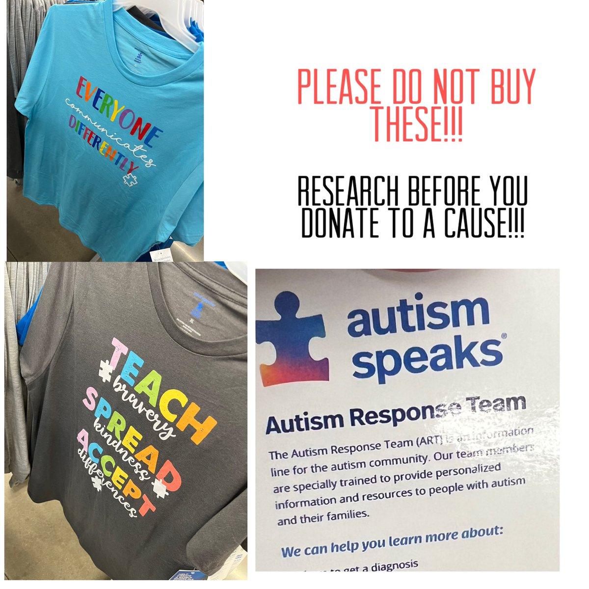PLEASE DO NOT BUY THESE SHIRTS FROM WALMART

These shirts support Autism Speaks, which is NOT a charity to support the Autistic community - they’re a hate group spreading fear and misinformation while disguised as charity. 🧵 #ActuallyAutistic