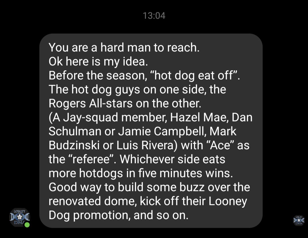 rushtonrj's tweet photo. A friend shared this idea with me. How about @looniedogkings and #FanMorningShow (@ailishforfar & @jccuthbert) vs the @BlueJays broadcast team (@DShulman_ESPN @thehazelmae @SiddallJoe @SNETCampbell)? Show off the newly renovated stadium, and promote @Schneiders #LoonieDogNights! https://t.co/u9sJ1B2JlJ