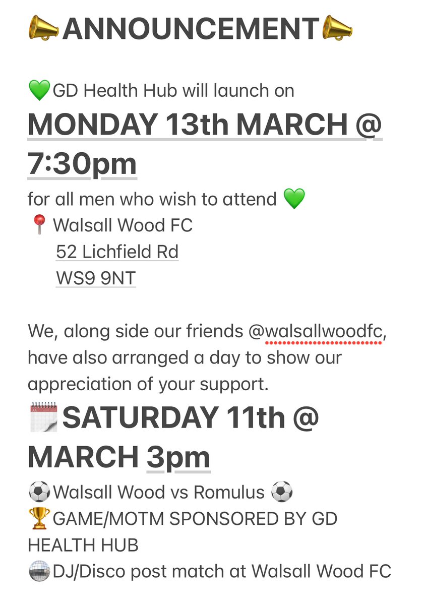 💚GD Health Hub has a launch date- this is an open invitation to any male wishing to attend. 13/3/23 @ 7.30pm.

💚Family day as a small token of our gratitude <a href="/WalsallWoodFC/">𝐖𝐚𝐥𝐬𝐚𝐥𝐥 𝐖𝐨𝐨𝐝 𝐅𝐂</a> 11/3/23 from 3pm.

Please feel free to msg us for any further information.