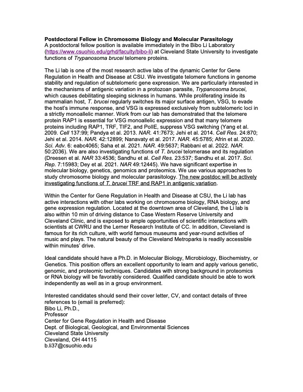 Telomere biology has great implication in aging and cancer biology, but do you know that telomeres also play key roles in antigenic variation in a fascinating parasite? Apply to the Li lab postdoc position and discover more.