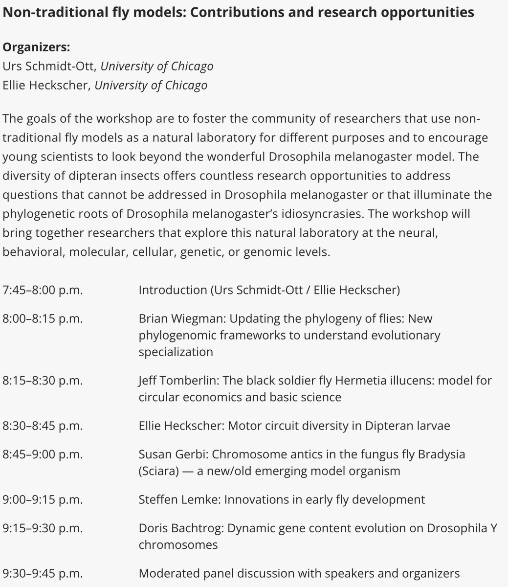 Ellie Heckscher (@elliehoopla) on Twitter photo For those of you planning to attend the Drosophila Research Conference in Chicago, check out this workshop on non-traditional fly models. Thursday, March 2, 7:45-9:45 #Dros23 For those of you planning to attend the Drosophila Research Conference in Chicago, check out this workshop on non-traditional fly models. Thursday, March 2, 7:45-9:45 #Dros23