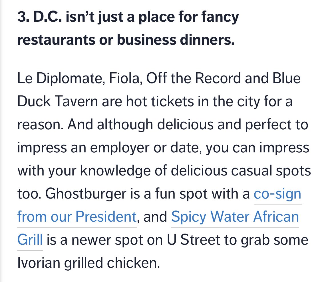<a href="/DCist/">DCist</a> nailed this rule. So many awesome casual places to eat. <a href="/melange_dc/">Melange D.C.</a> <a href="/dorosoulfood/">Doro Soul Food</a>, <a href="/TrustysDC/">Trusty's</a>, <a href="/CinderBBQdc/">CinderBBQdc</a>, <a href="/pieshopdc/">Pie Shop DC</a>, <a href="/HalfSmokeDC/">HalfSmoke</a>, <a href="/lymanstaverndc/">Lyman's Tavern</a>, <a href="/slashrundc/">Slash Run</a>, <a href="/BoundaryStoneDC/">Boundary Stone</a>, <a href="/SwahiliVillage1/">Swahili Village</a>, are among my favorites. Too many to name.