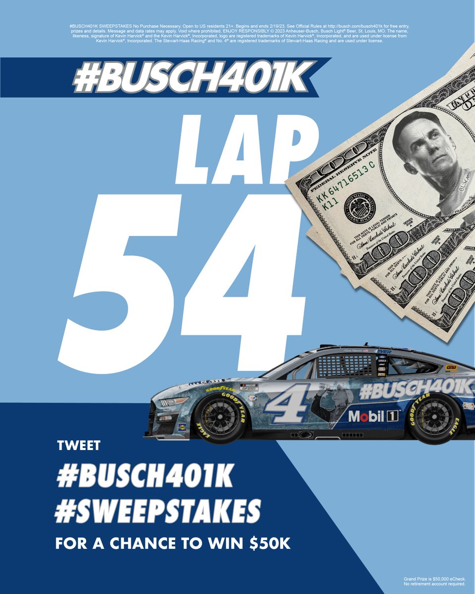 Lap 54! A CHANCE AT FIFTY. THOUSAND. DOLLARS. And there’s still plenty of beer money to go around. Tweet #Busch401K #Sweepstakes RIGHT NOW for a chance to win. #Daytona500