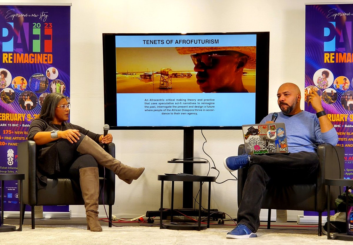 silkyd67's tweet photo. Roots of Visual Afrofuturism in Multimedia at #PAFFnow with @JIJennings hosted by @DarrienGipson. Knowledge dropped: Victor LaValle's comic Eve, God of Dreams, Of One Blood (from 1902!), Star Trek: #DeepSpaceNine directed by Avery Brooks, X-Files "Redrum" with Joe Morton 1/ https://t.co/H93OFyKSxx
