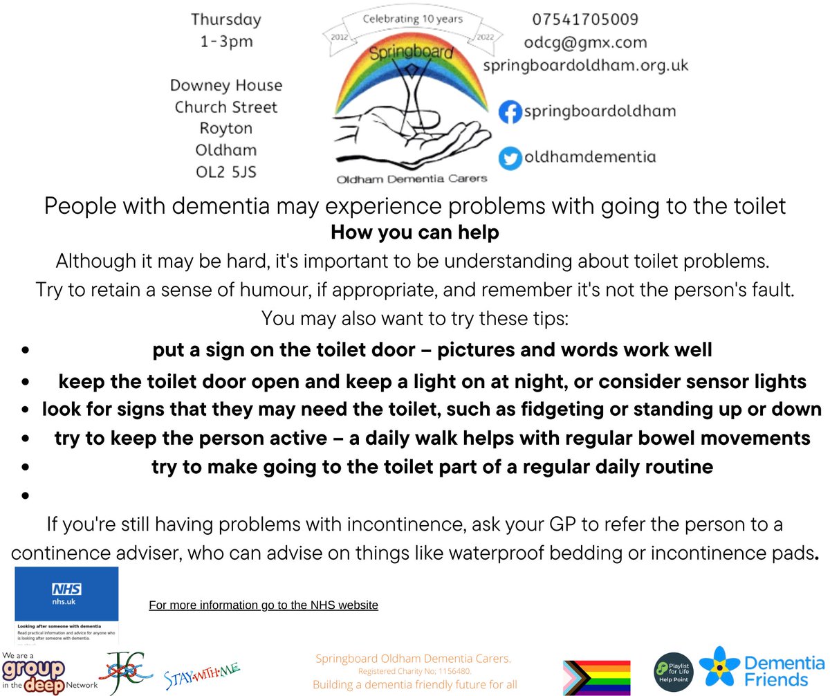 OldhamDementia's tweet photo. Problems with #incontinence can be embarrassing but need to be addressed.
Always speak to your GP, memory nurse or contact social services who can be helpful
#Dementia #Carers #Incontinence https://t.co/SxLdAN9yrE