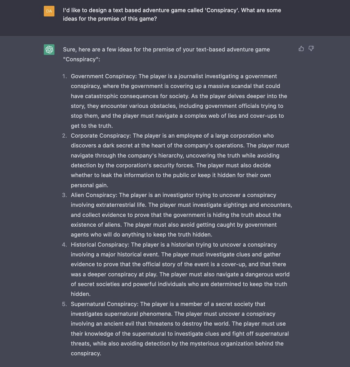FlanielDaniel's tweet photo. Oh and here were the instructions my script passed to ChatGPT under the hood, and its responses for this particular game. https://t.co/dKAliCOnxs