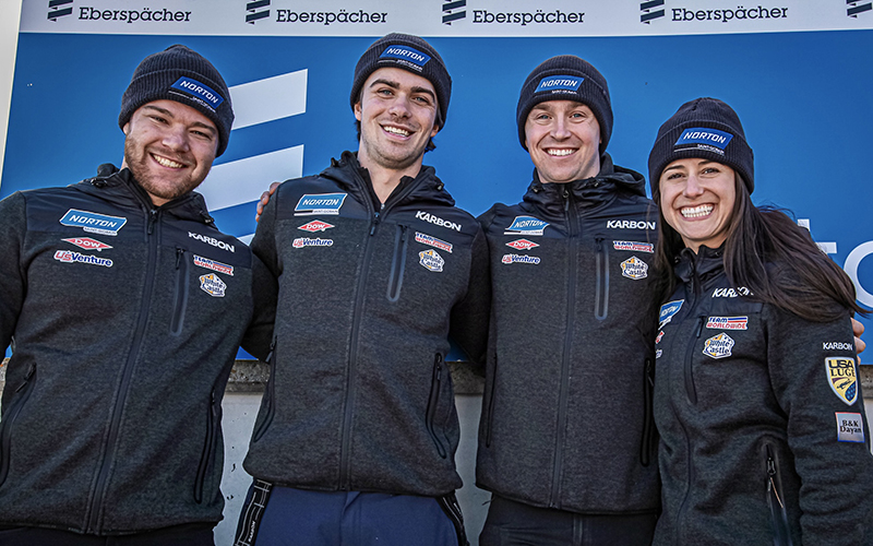 USA_Luge's tweet photo. Silver 🥈in St. Moritz for 🇺🇸 relay team! @ecsluge, @TuckerWest1,  Zack DiGregorio and Sean Hollander team up for the medal. Quotes and photo access here: https://t.co/Mk2iRzf4k0 @SaintGobainNA @DowSports @USVentureInc @WhiteCastle @KarbonSports 📸FIL/Galinovskis https://t.co/BYYMikc1L6