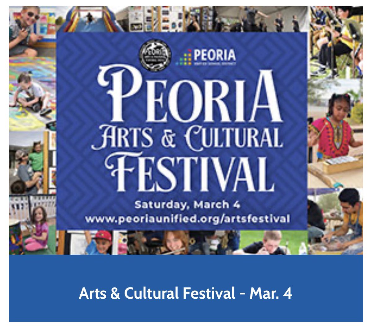 “This is a wonderful collaboration between the city and Peoria Unified School District. Attendees will get to see more than 3,500 visual art displays.”

peoriatimes.com/news/article_a…

#peoriaaz #peoriaarizona
#peoriaschooldistrict 
#cityofpeoria
#pusd
#peoriaarts
#peoriagrassroots