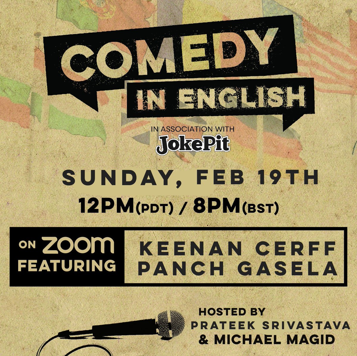 comedynenglish's tweet photo. Interweb! After a week hiatus for the big game, we are back! @kocomedy CIE Zoom Show Sun Feb 19th 12noon PST/8pm GMT w/ @K_Cerff @Panch_Gasela
Join Us Live! - https://t.co/uXiI3xomF1
@PromoteComedy @ComedyHubLive #zoomshows #southafricancomedy @TheDailyPrateek @michaelmagid https://t.co/e4bCHPkskk