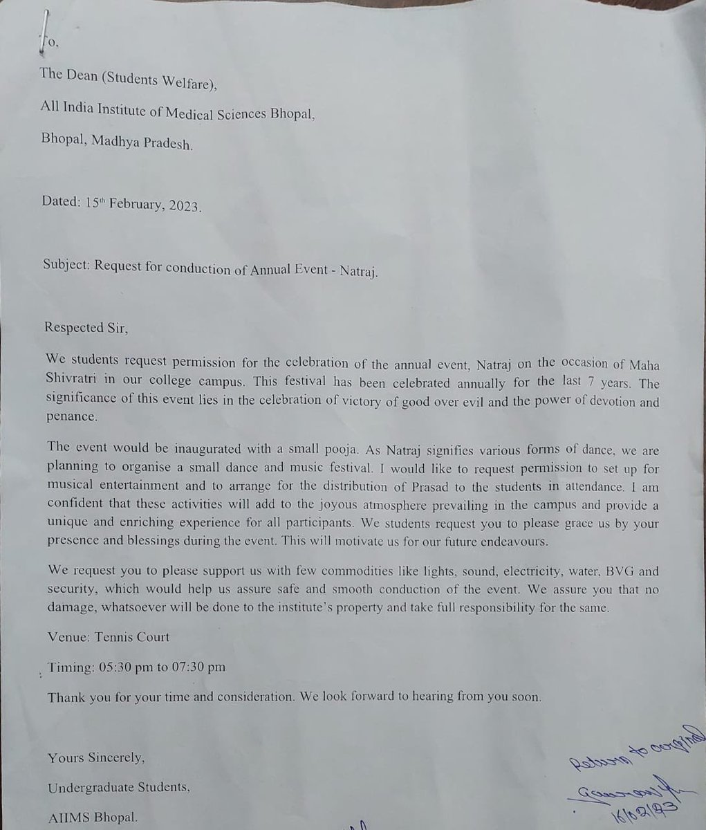 sa_aiimsbhopal's tweet photo. 3.When permission was requested, the letters regarding the same were "Returned as original," denying permission for celebration of any events from the rich cultural heritage of India. @ChouhanShivraj @ABPNews @the_hindu @htTweets https://t.co/xQVWBpwVu5