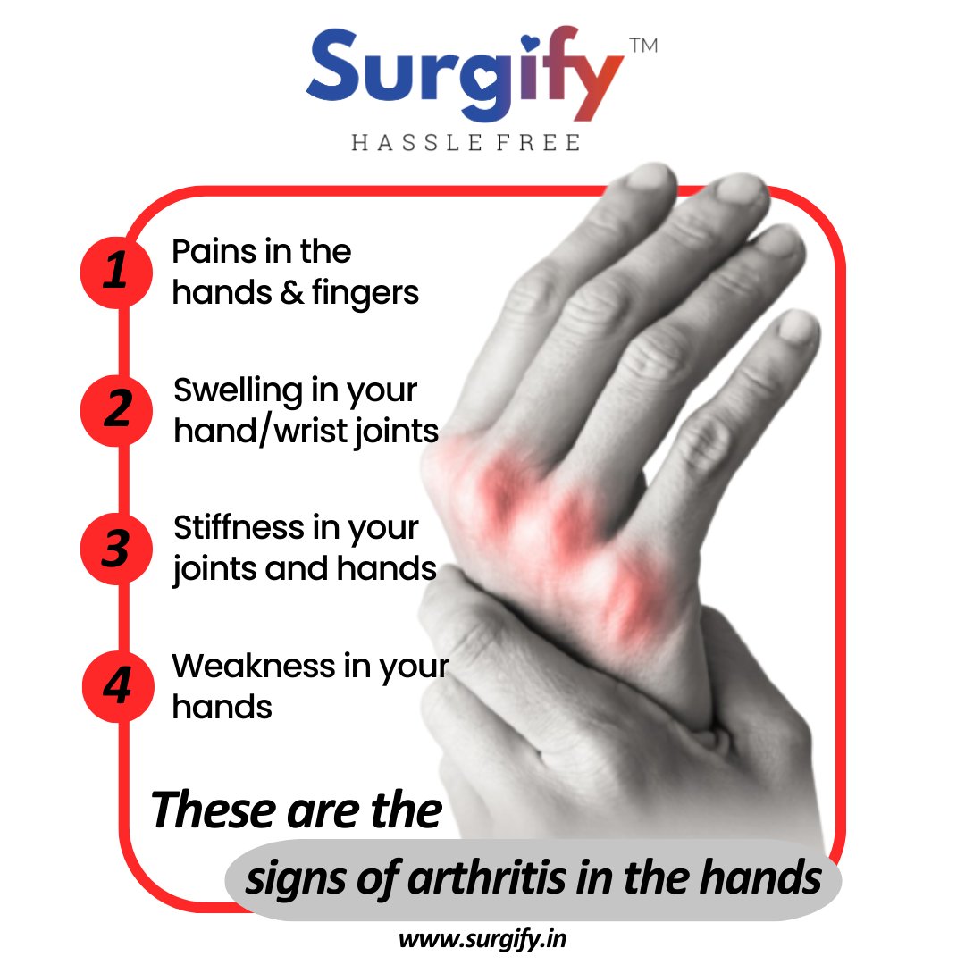 To know more call on 9920661121
For more details connect us at - surgify.in
.
#Surgifyhasslefree #expertpanel #quickInsurance #mediclaim #bestsurgeons #surgicalcare #handarthritis #handosteoarthritis #jointpain #swollenhands #tipoftheday #signsofhandarthritis