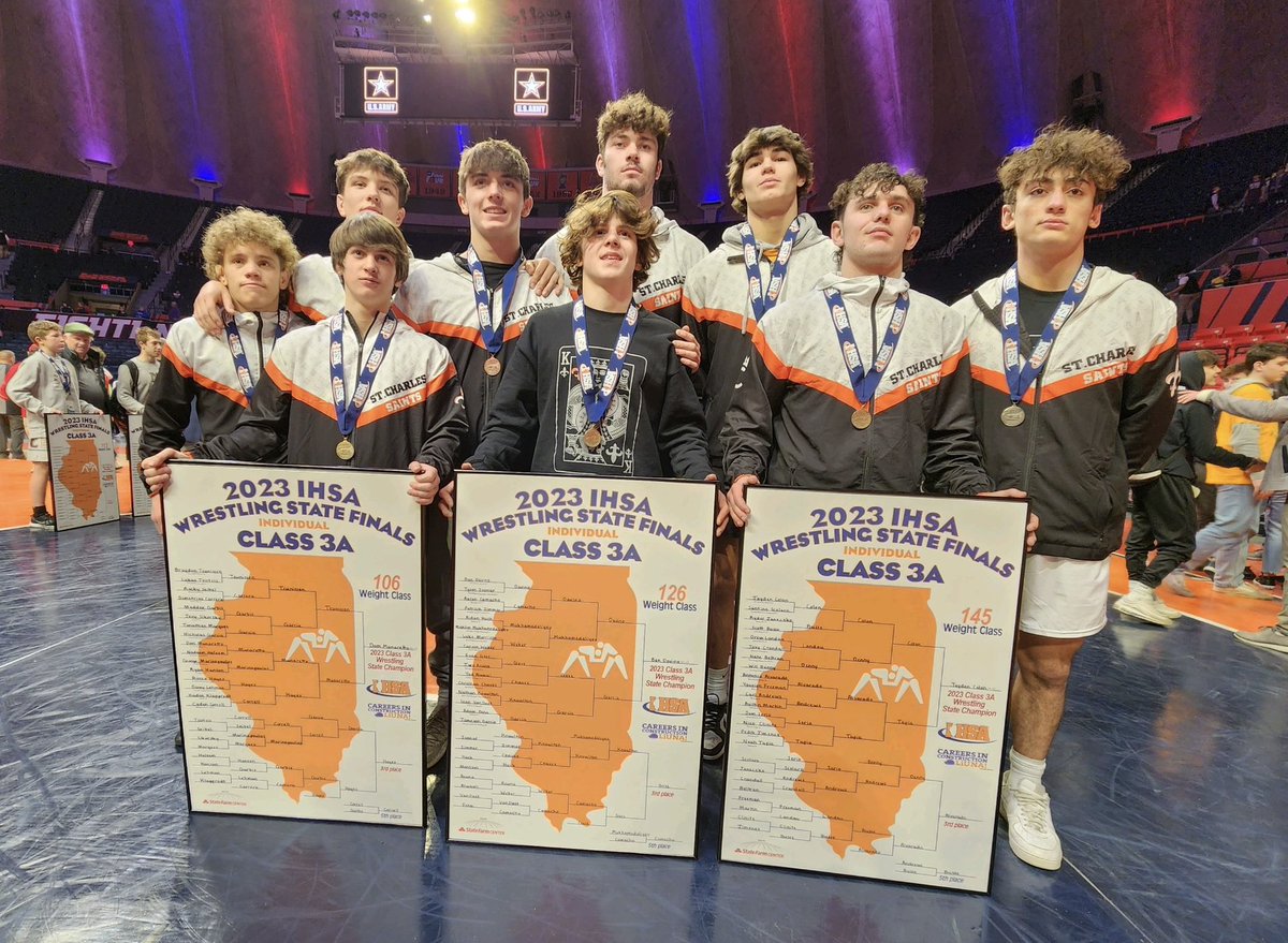 STCE_Wrestling's tweet photo. A RECORD-SETTING WEEKEND. Most state champs (3) and placers (9) in school history. 

106 - Munaretto 1️⃣
120 - Marino 3️⃣
126 - Davino 1️⃣
138 - Guerra 2️⃣
145 - Colon 1️⃣
160 - Gutierrez 6️⃣
170 - Robinson 5️⃣
182 - Murray 6️⃣
285 - Barrett 5️⃣

Congrats, boys! 
Now onto Team Sectionals! https://t.co/TiJ9Qli45N