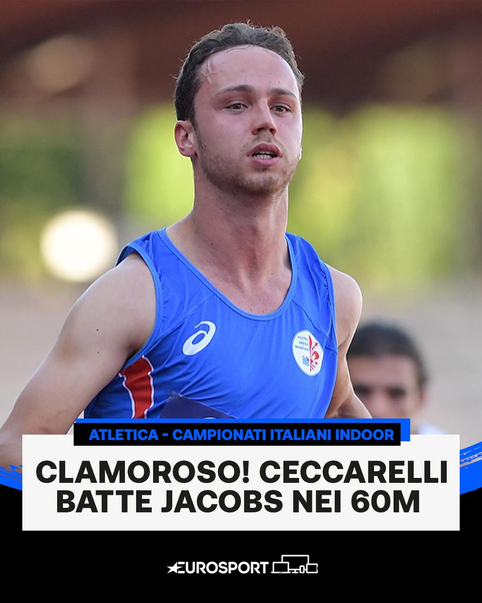 Eurosport_IT's tweet photo. Incredibile: Samuele Ceccarelli è campione italiano indoor sui 60 metri 🇮🇹⭐

Batte il campione del Mondo Marcell Jacobs in finale di un centesimo! ⚡🟢⚪🔴

#Ceccarelli | #Jacobs | #indoor2023 | #Atletica https://t.co/wHjkSrvDRV