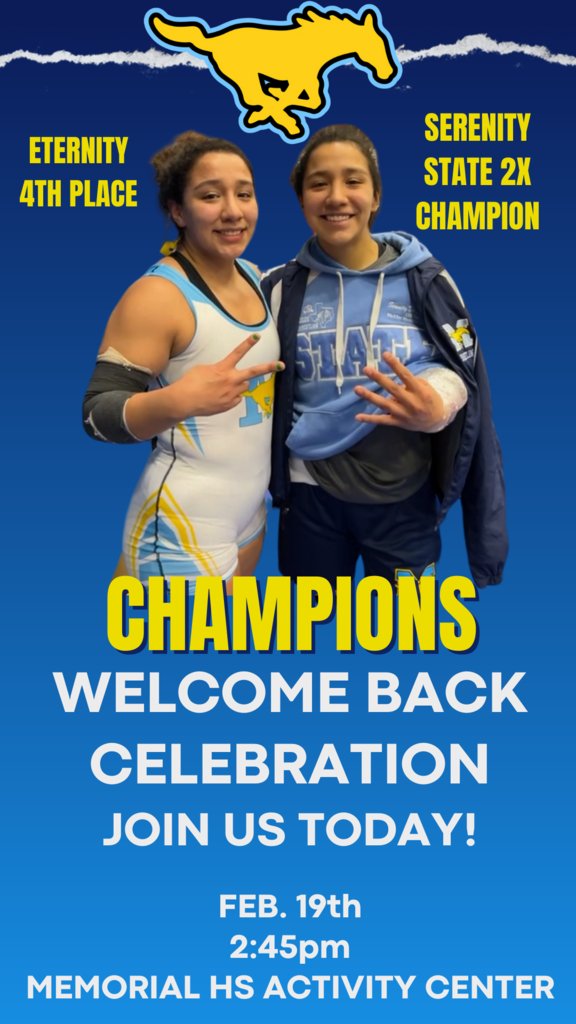 Calling our Mustang Family and Community! Join us today at 2:45pm at the Memorial HS Activity Center to welcome back our 2X State UIL Champion Serenity De La Garza and 4th Place Finisher Eternity De La Garza.  Let's celebrate their amazing accomplishments! #werunasone
