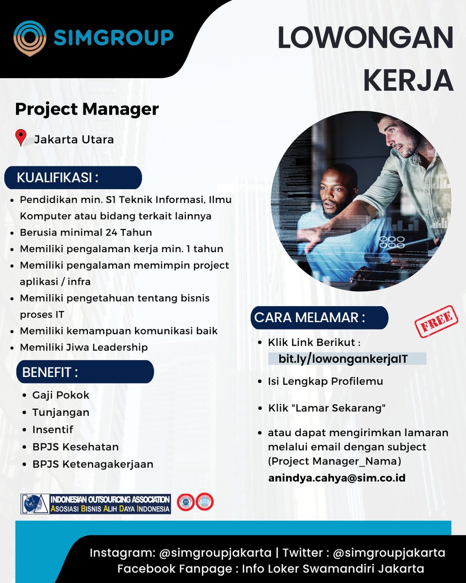 simgroupjakarta's tweet photo. Dibutuhkan banyak dan segera untuk penempatan di salah satu perusahaan anak BUMN untuk posisi Project Manager Silahkan melamar melalui https://t.co/RzrYRnCaEF

#lokersimgroup #lokerprojectmanager #lokerpmit https://t.co/xBj01NefZH
