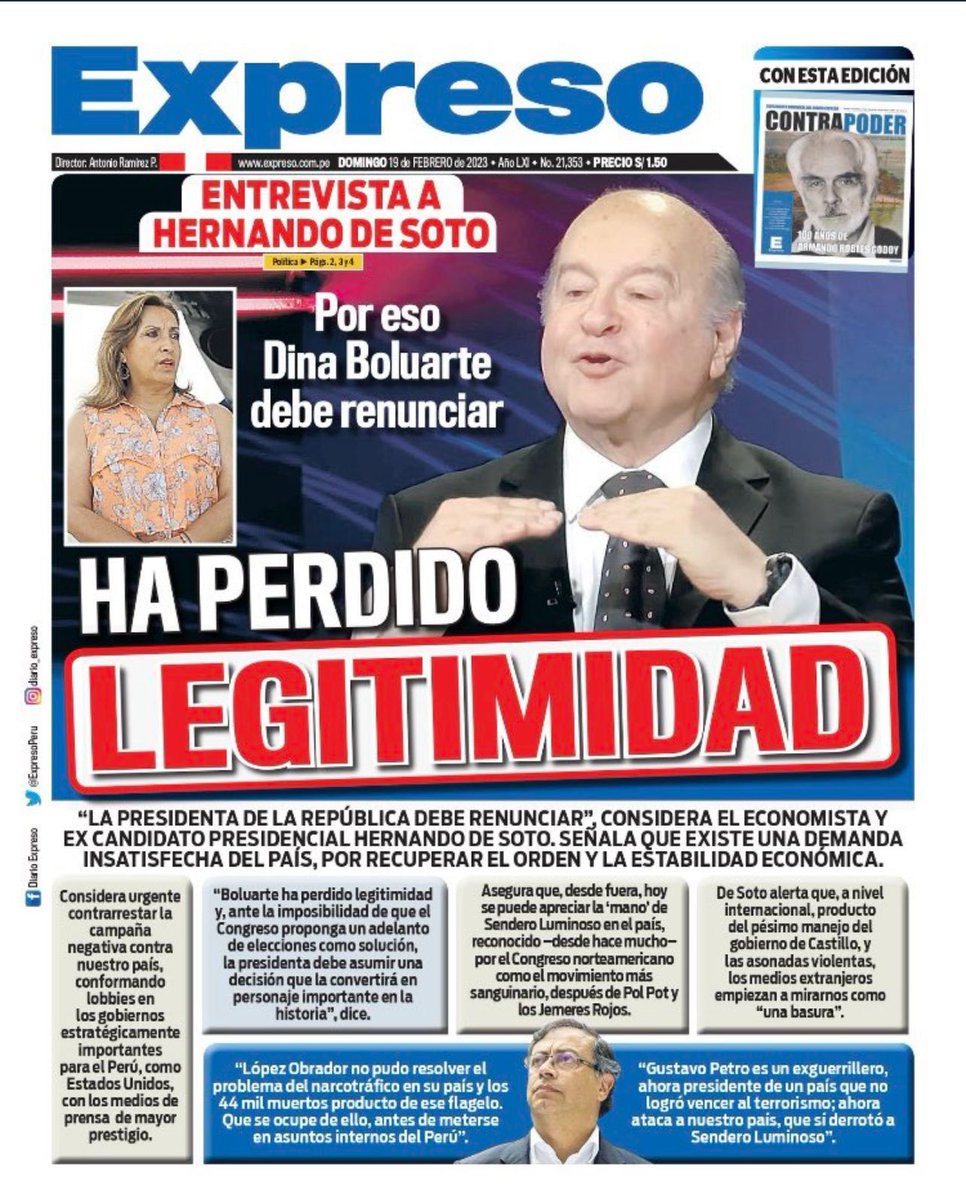 HDeSotoPeru's tweet photo. Como dije hoy en Expreso, la presidenta puede tomar la decisión legítima, histórica y democrática de renunciar si en breve plazo el Congreso no cumple con aprobar elecciones generales adelantadas para este mismo 2023.  Su renuncia obliga a convocar a elecciones. https://t.co/qln5YwkfyS