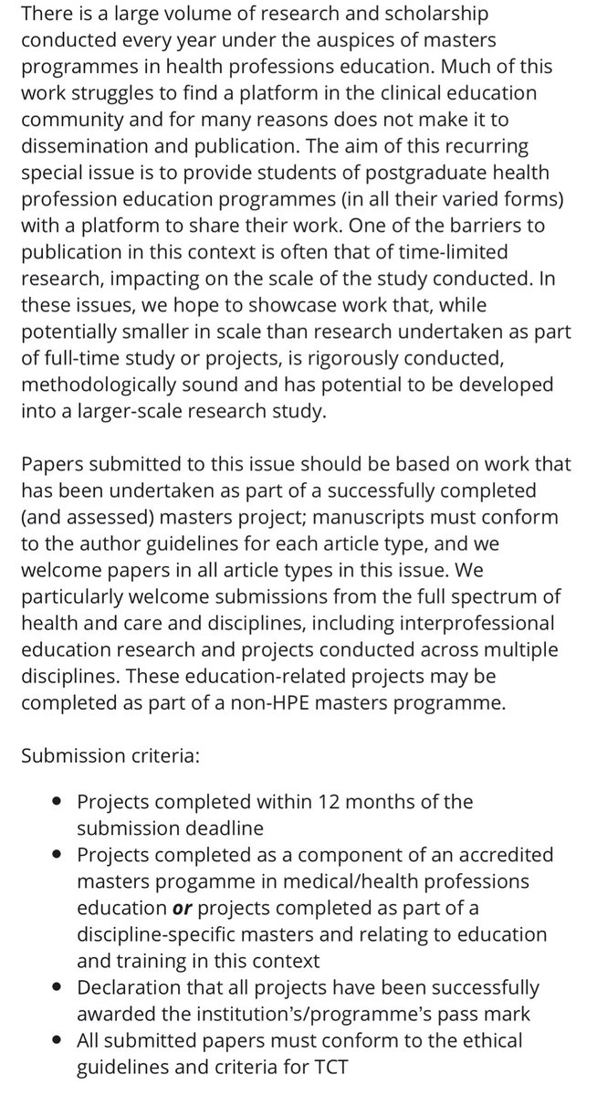 ClinicalTeacher's tweet image. 🚨CALL FOR PAPERS🚨

So much excellent MSc, MA, MEd work struggles to find a platform in the #ClinEdR community

Fear not, we have got your back

We are committed to breaking down barriers &amp;amp; diversifying published voices

#MedEd #NurseTwitter #medtwitter

onlinelibrary.wiley.com/page/journal/1…