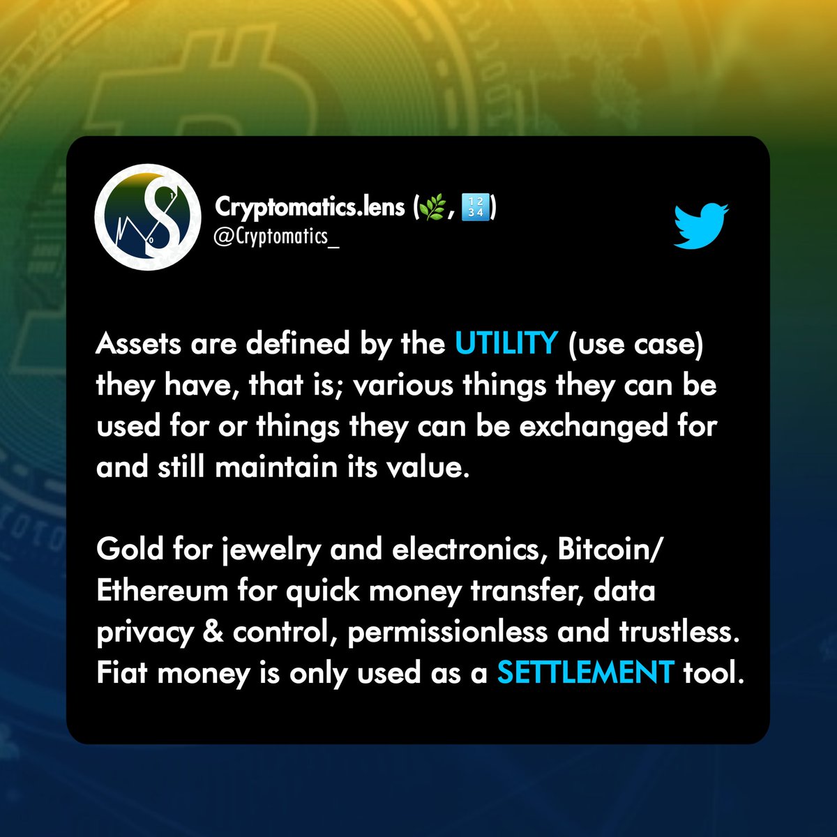 cryptomatics_'s tweet image. The utility of #Bitcoin &amp;amp; #Ethereum drives their prices.

ATM, we've not even tapped into the full potentials of the Blockchain.

Retweet this post &amp;amp; FOLLOW us on Lens: ➡️ lenster.xyz/u/cryptomatics

#CrackTheCodes with @Cryptomatics_
#Crypto #Web3 #Blockchain #Bitcoin #Ethereum