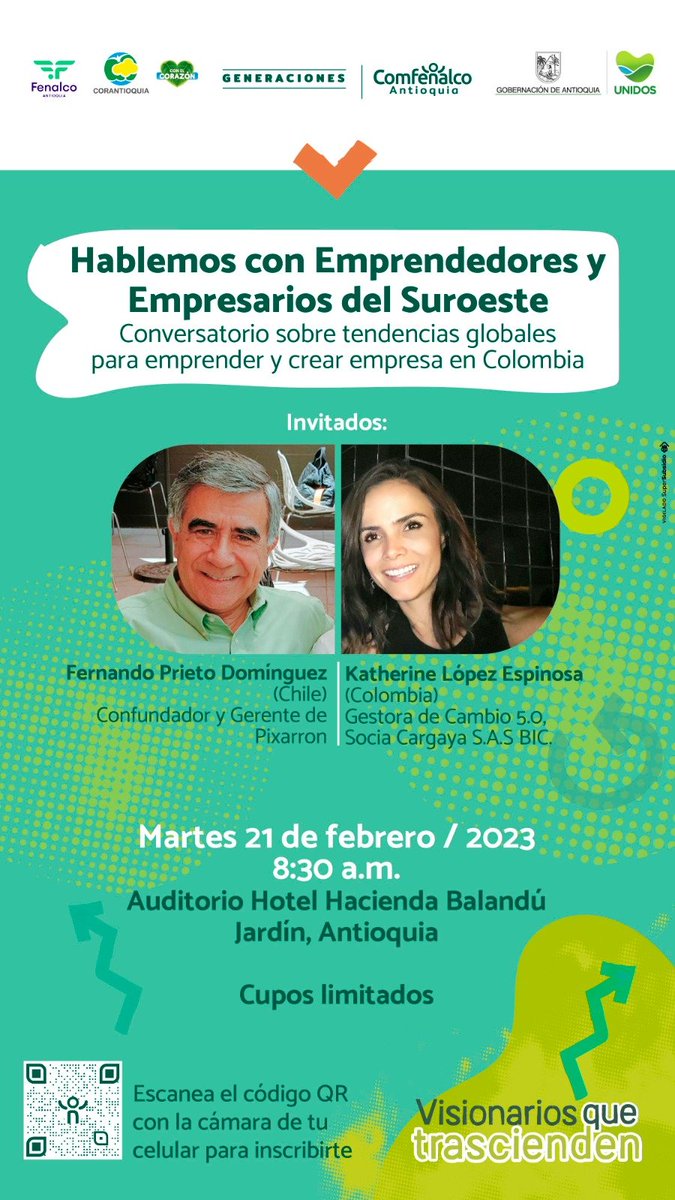 PatriciaFuel's tweet photo. Invitamos a todos los emprendedores y empresarios del Suroeste Antioqueño para que nos acompañen el próximo marts 21 de febrero en el hotel Hacienda Balandú Ubicado en el municipio de Jardín, contaremos con dos reconocidos panelistas, inscripciones en:

https://t.co/lCGgUoygRG https://t.co/uWHA6xQev9