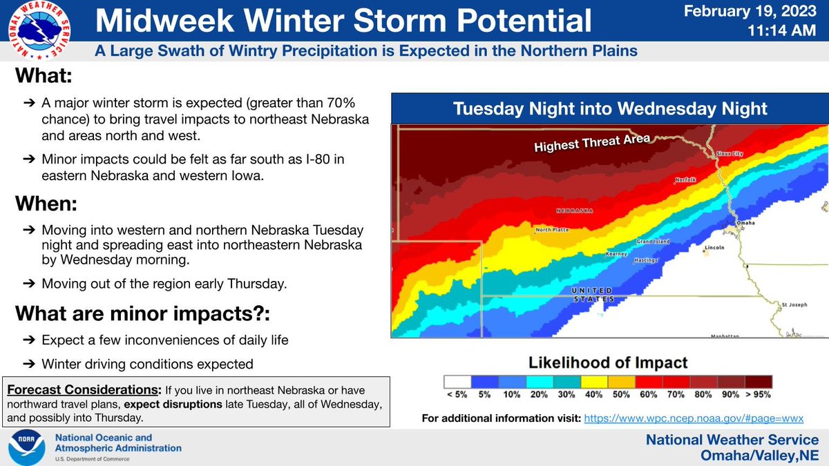 NWSOmaha's tweet photo. A major winter storm is expected across the Northern Plains, spilling over into northeast Nebraska by Wednesday, with a mixed bag of wintry precpitaiton (snow, sleet or freezing rain) in the forecast. https://t.co/QV6sJ5PsKp