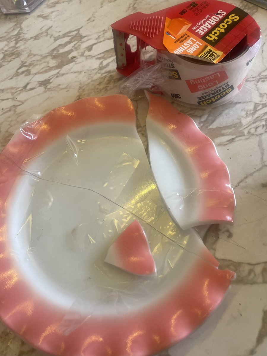 aclassiccreole's tweet photo. My 12 y.o.son broke my vintage Crinoline plate &amp; tried to put it back together. With TAPE! 🤣Bless his heart. Actually held together! #scotchtape #tape #crinoline #vintage #3m #parent #kids #parenthood #boys #boymom #momlife https://t.co/3UU1aa5eDx