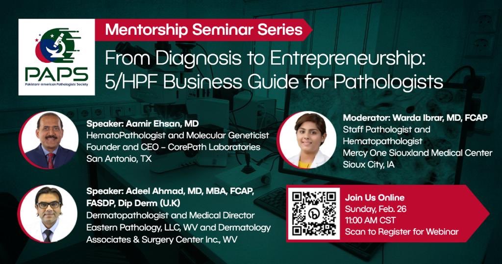 Join us in our next PAPS Mentorship Committee webinar, “From Diagnosis to Entrepreneurship: 5/HPF Business Guide for Pathologists”, on Sun 2-26 at 11 AM CST via zoom.
Registration link: bit.ly/3E3OGwP
#PathTwitter #PakPath