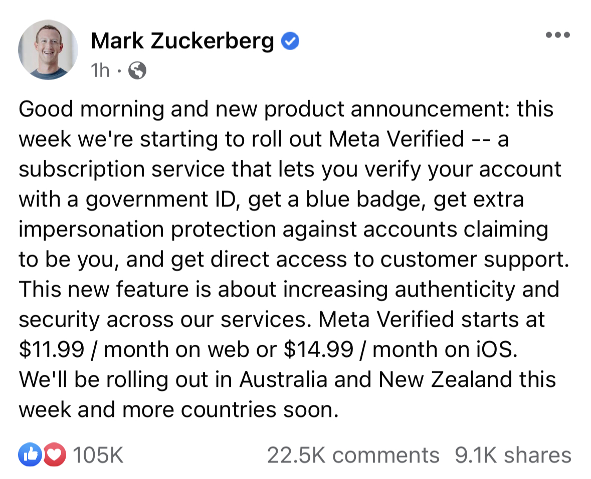 ProductHunt's tweet photo. NEWS: Meta is launching paid verification/blue checks for Instagram and Facebook. https://t.co/ybVsO5zY97