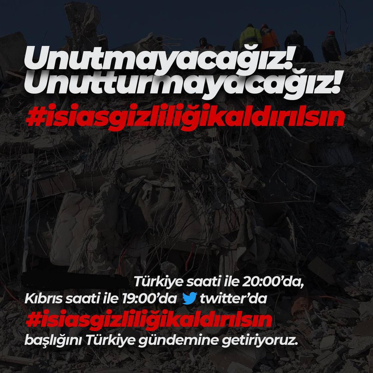 Kıbrıslıtürkler ısrarlı ve kararlı şekilde #isiashotelkatliamı ‘nın peşinde
Ucu nereye varırsa varsın,tüm sorumluların yargılanmasını istiyor; davaya getirilen gizlilik kararına #isiasgizliliğikaldırılsın etiketiyle karşı çıkıyorlar
Destek olalım ki #isiaskatillericezalandırılsın