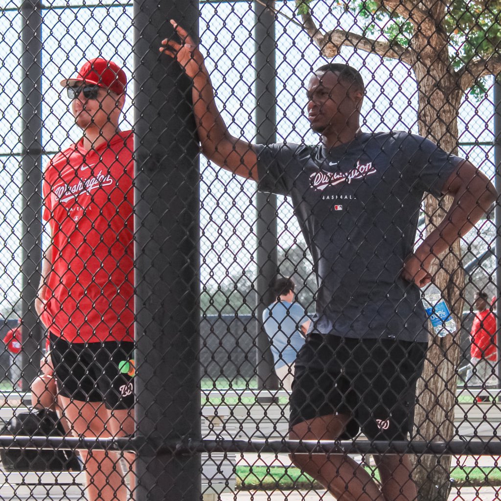 Nationals's tweet photo. On the left: Josiah and Cade watching MacKenzie’s 1st live BP yesterday.
 
On the right: MacKenzie watching Josiah and Cade’s 1st live BP today.
 
#NATITUDE https://t.co/C0QtvtqzEo