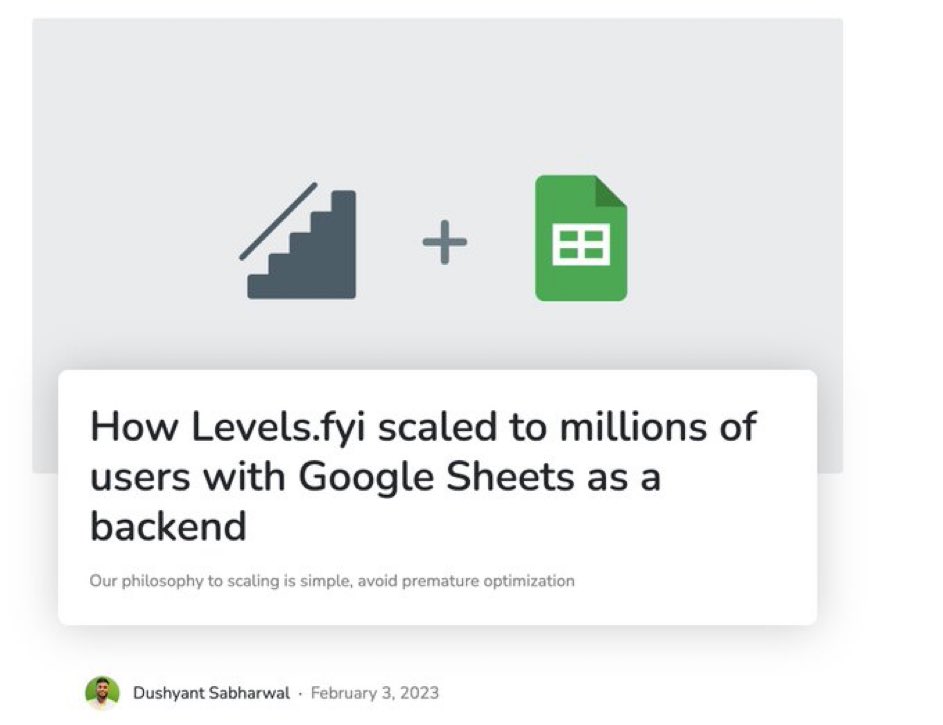 CTO: We need to build distributed microservices in Rust or Go deployed in multi cloud kubetnetes clusters, with per service databases, so we are ready to handle millions of users

Founder: How about we use Google Sheets as the backend to get this off the ground?
