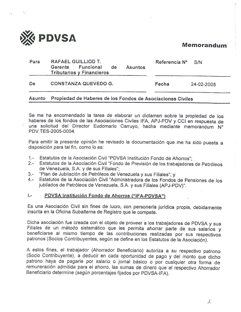 rreymi's tweet image. @TellecheaRuiz @TarekWiliamSaab @TareckPSUV @Defensoria_Vzla @Asamblea_Vzla @Asamblea_Ven @TSJ_Venezuela @onuvenezuela @NoticiasONU @Rampolla_UN @sumariuminfo @CorteIDH Mostramos memorándum de abogados PDVSA en 2005 confirmando Propiedad de los Jubilados del FDP APJPDV  1 de 3