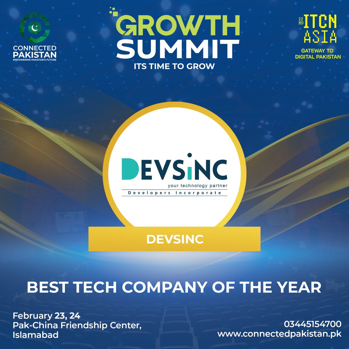 ConnectedPak's tweet photo. We are proud to announce that Devsinc has been awarded the Best Tech Company of the Year! Their innovative approach to technology and commitment to excellence has set them apart as a leader in the industry.

#GrowthSummit2023 #EmpoweringPakistanFuture #ConnectedPakistan #ITCNAsia https://t.co/0aSxAjpJ69