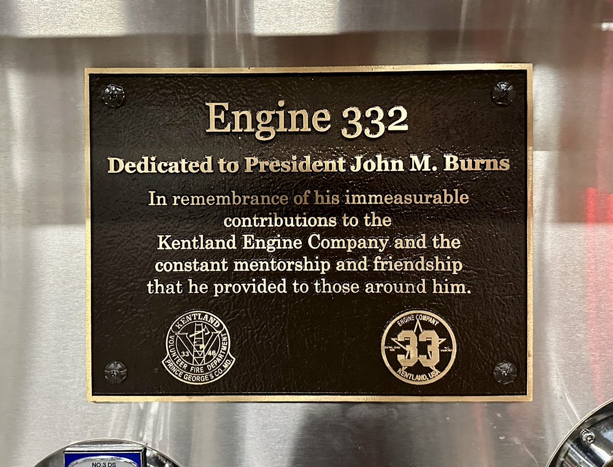 Kentland33's tweet photo. Last night the members placed dedication plaques on our apparatus. #Engine331 is dedicated to Past Deputy Chief Ed Smith. #Engine332 is dedicated to Past President John Burns. #RescueEngine33 is dedicated to Past President Donald “Patch” Aker. https://t.co/zhguOVnIKF