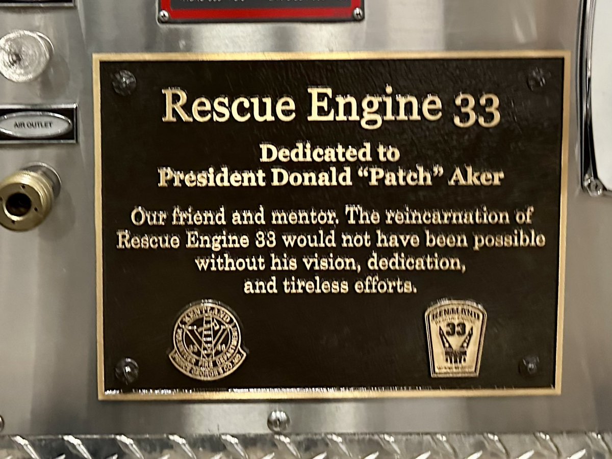 Kentland33's tweet photo. Last night the members placed dedication plaques on our apparatus. #Engine331 is dedicated to Past Deputy Chief Ed Smith. #Engine332 is dedicated to Past President John Burns. #RescueEngine33 is dedicated to Past President Donald “Patch” Aker. https://t.co/zhguOVnIKF