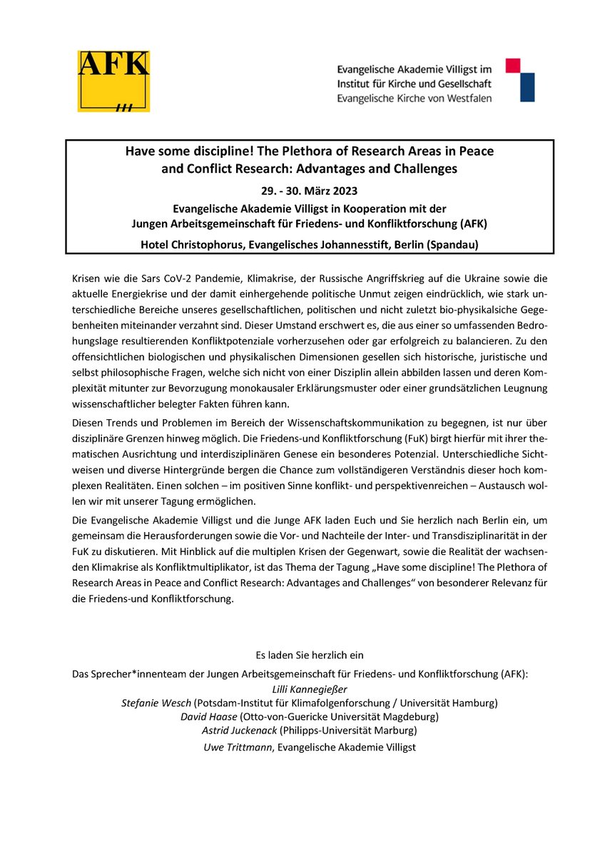 JungeAFK's tweet photo. Our program for this year´s conference stands! We are excited to welcome all of our contributors to Berlin March 29th-30th!! Please do share within your relevant networks and follow the link to sign up: https://t.co/zp18NKlSAJ 🙏🏽😎 #PeaceAndConflict #Research #JuniorResearchers https://t.co/siESr1P3V1