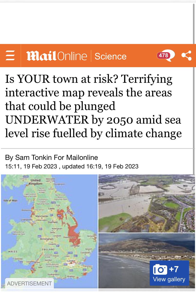 bmay's tweet photo. Oh smashing, the paper that carried bullshit climate denial piece after bullshit climate denial piece, which remains the preferred mouthpiece of those trying to abandon NetZero for being too ‘woke’ is now publishing maps of where your house will drown as a result of their idiocy. https://t.co/YjyVitBiac