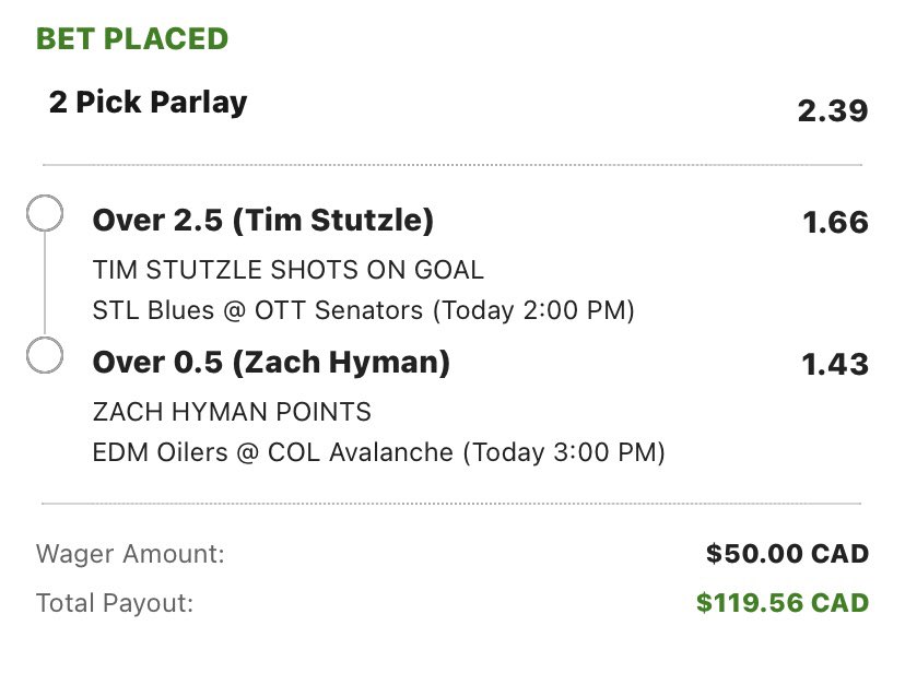 ParlayPaapi's tweet photo. Player props of the day 🔒 

Tim Stutzle Over 2.5 shots (1.66)
Zach Hyman Over 0.5 points (1.43) https://t.co/olrTgCtbTQ