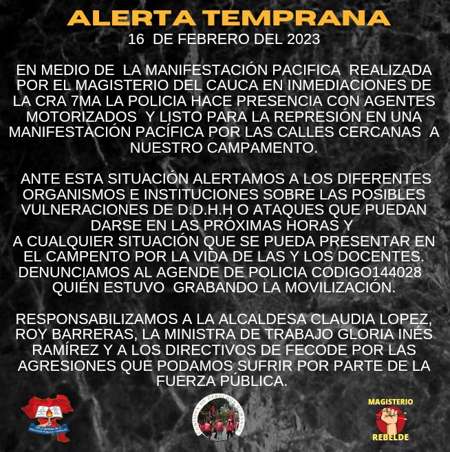 ASOINCACAUCA's tweet photo. Alerta temprana 🆘 @petrogustavo @FranciaMarquezM @ClaudiaLopez @RoyBarreras @fecode @GloriaRamirezRi https://t.co/JRkcONU7ma