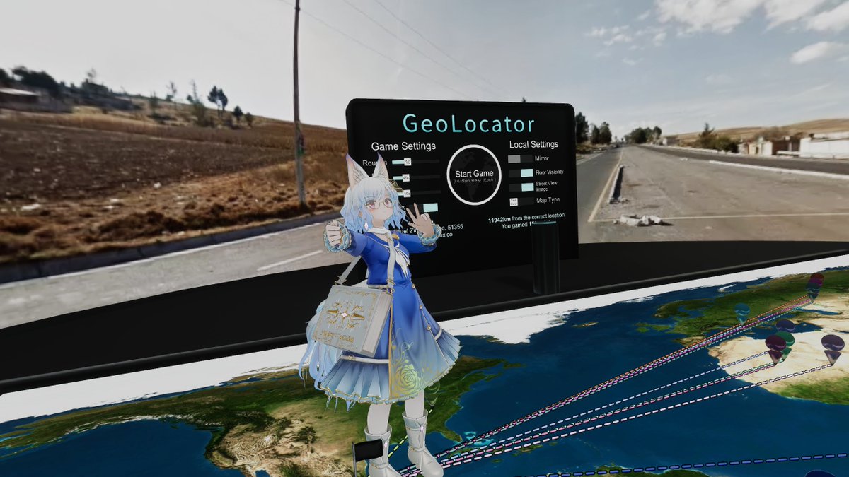 Redrum_vr's tweet image. 周りに展開される地球のどこかの風景を見てピンを足元の地図に刺し、正解に近い方から高ポイントが振られます。このゲーム３回遊んで３回とも”銀縁”さんが優勝。ほ、本物だー！⊂⌒~⊃｡Д｡)⊃
＃私立VRC学園　＃GeoLocator