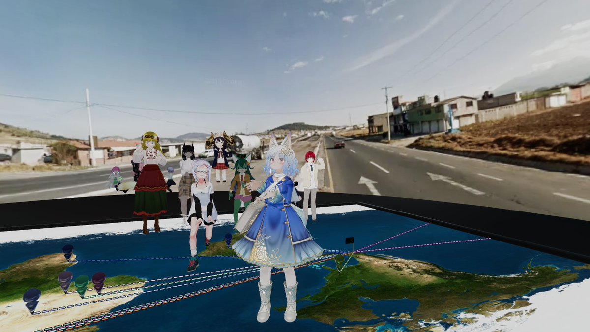Redrum_vr's tweet image. 周りに展開される地球のどこかの風景を見てピンを足元の地図に刺し、正解に近い方から高ポイントが振られます。このゲーム３回遊んで３回とも”銀縁”さんが優勝。ほ、本物だー！⊂⌒~⊃｡Д｡)⊃
＃私立VRC学園　＃GeoLocator