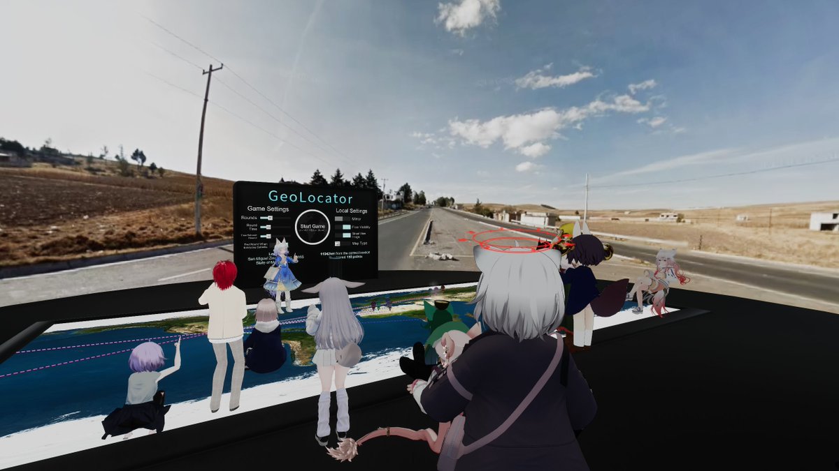 Redrum_vr's tweet image. 周りに展開される地球のどこかの風景を見てピンを足元の地図に刺し、正解に近い方から高ポイントが振られます。このゲーム３回遊んで３回とも”銀縁”さんが優勝。ほ、本物だー！⊂⌒~⊃｡Д｡)⊃
＃私立VRC学園　＃GeoLocator