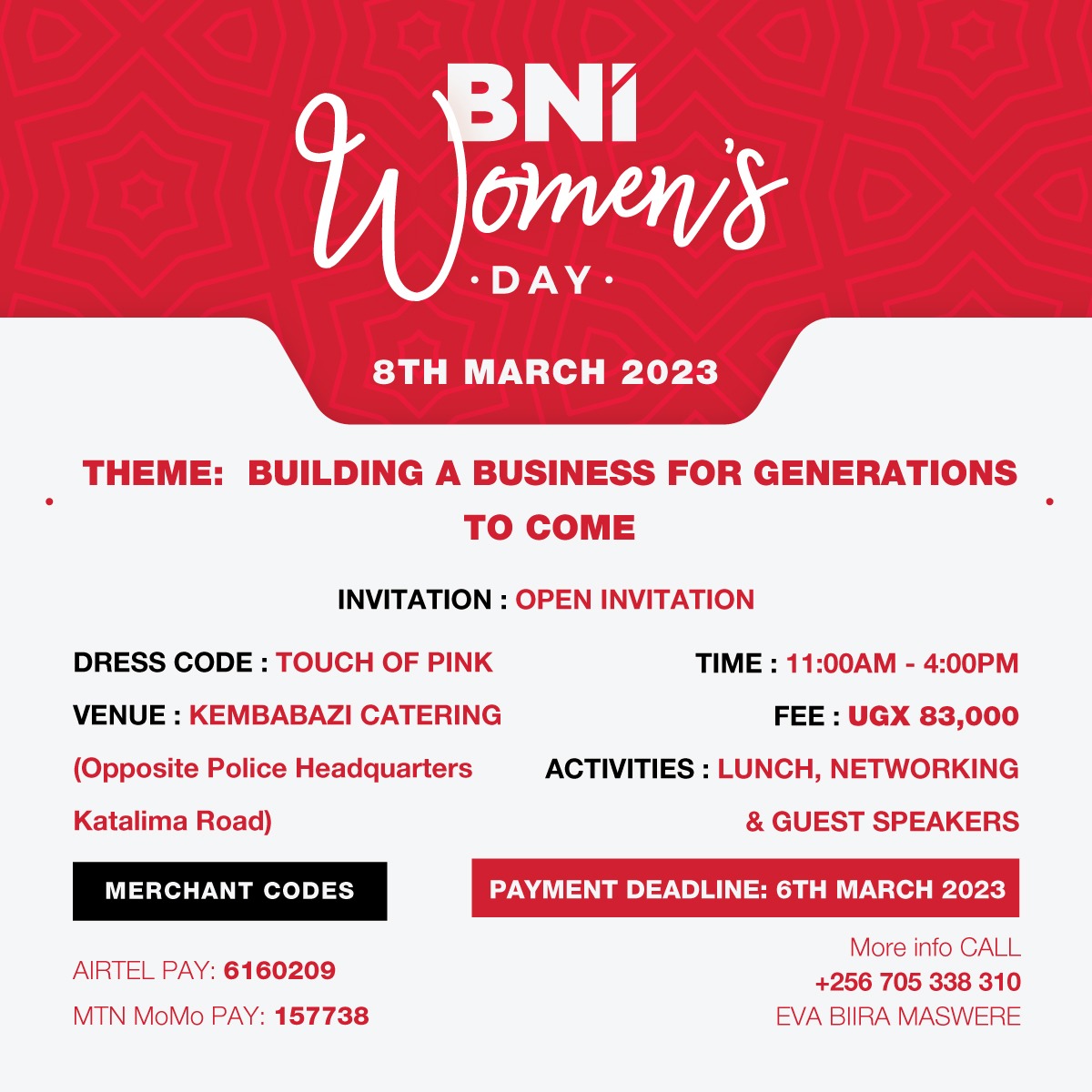 We are excited about the Women's day session. We shall host a lunch and networking session on 8th March 2023. You are invited to this session. @DNKibuuka